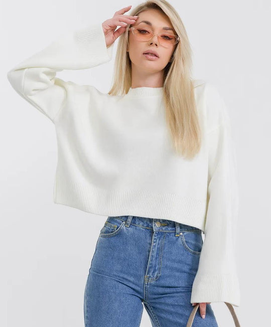 Damen cropped Strickpullover mit voluminösen Ärmeln und Rundhalsausschnitt R&B