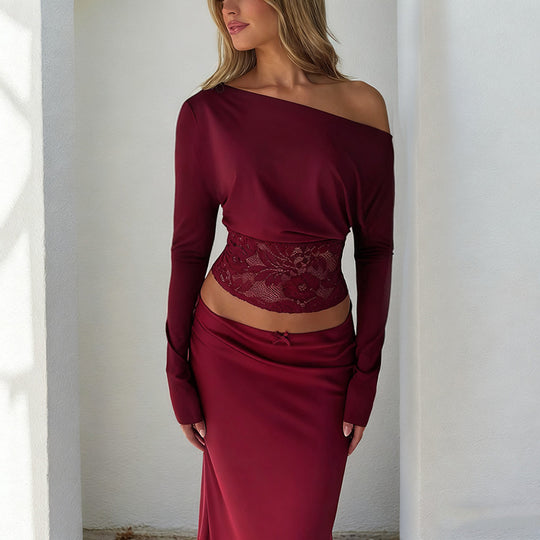 Damen elegantes Crop-Top mit Spitzenbesatz und langen Ärmeln R&B