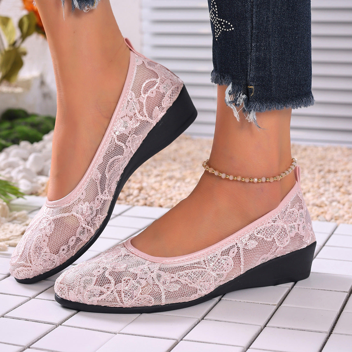 Damen Ballerinas mit filigranem Spitzenbesatz und rutschfester Sohle R&B
