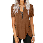 Damen Kurzarmshirt mit asymmetrischem Saum und Reißverschluss R&B