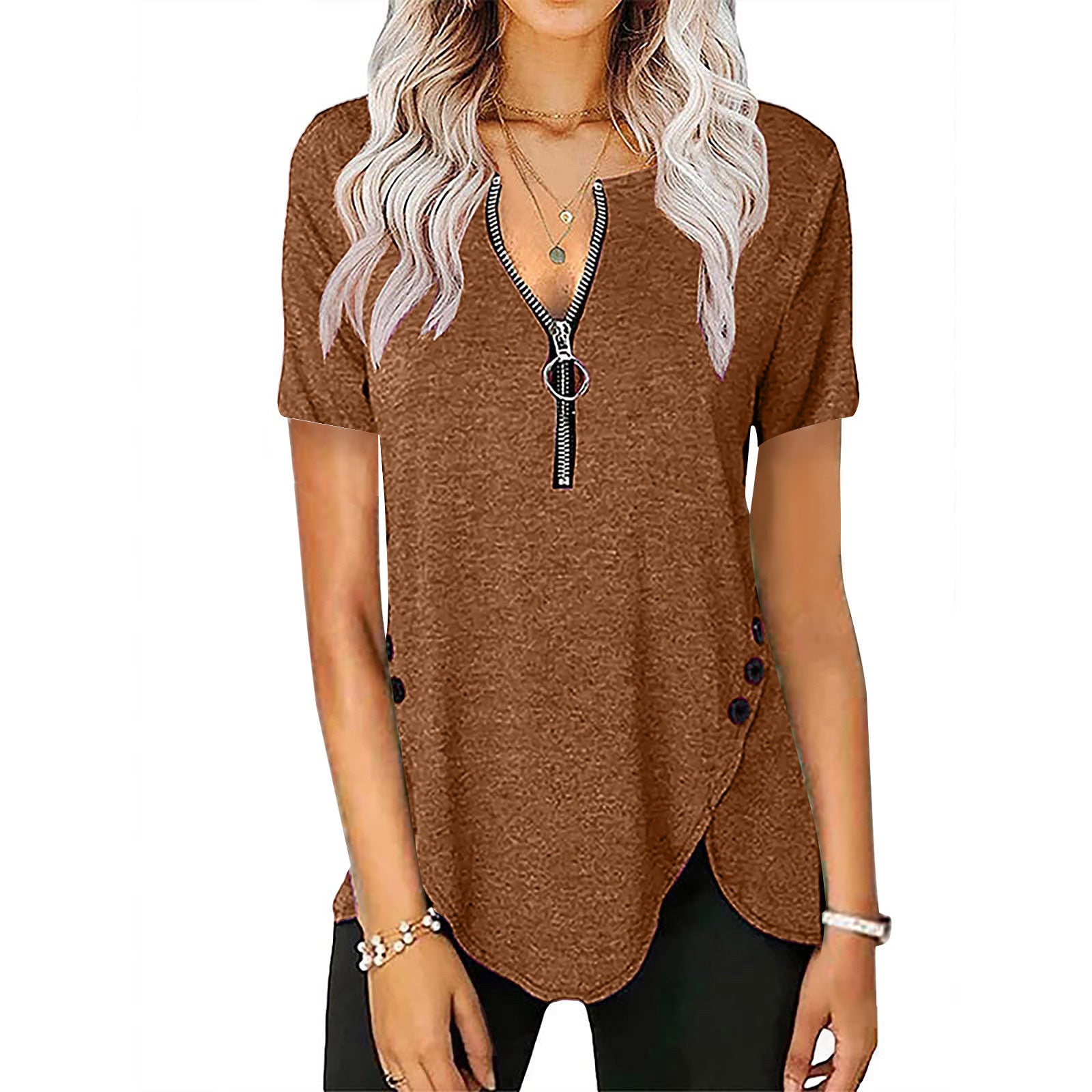 Damen Kurzarmshirt mit asymmetrischem Saum und Reißverschluss R&B