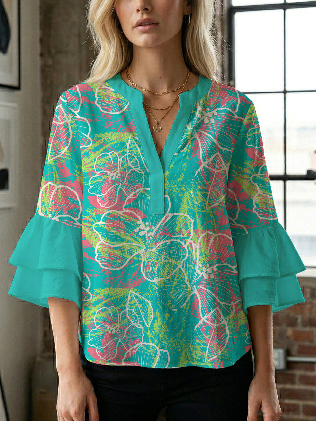 Damen Bluse mit voluminösen Ärmeln und floralem Design R&B