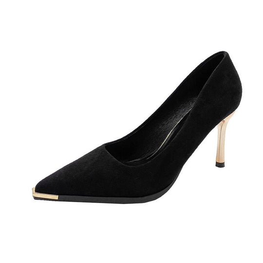 Damen elegante High Heel Pumps mit spitzem Fuß und goldfarbenem Absatz R&B
