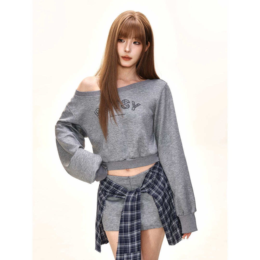 Damen nan einseitig offenes Cropped-French-Terry-Pullover mit voluminösen Ärmeln und Rippbund R&B