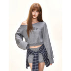 Damen nan einseitig offenes Cropped-French-Terry-Pullover mit voluminösen Ärmeln und Rippbund R&B