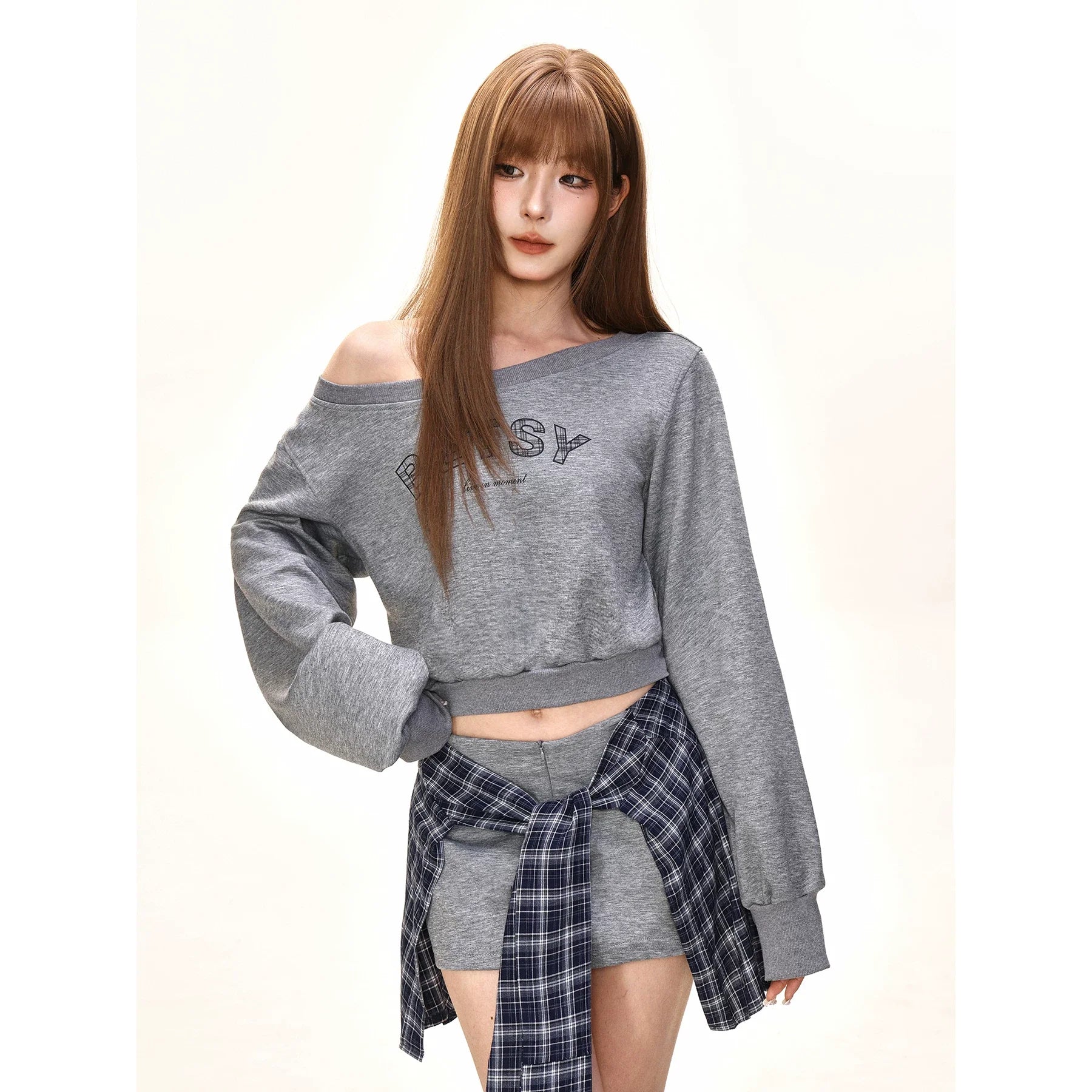 Damen nan einseitig offenes Cropped-French-Terry-Pullover mit voluminösen Ärmeln und Rippbund R&B