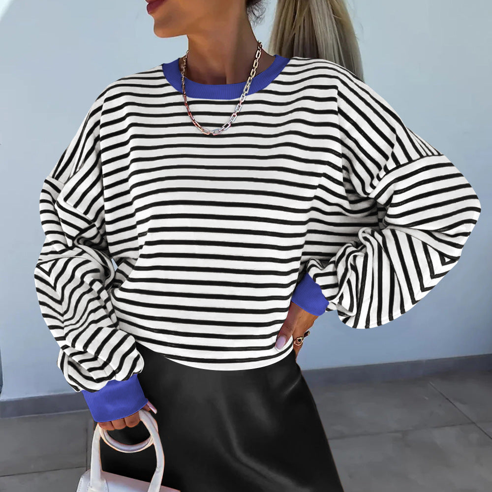 Damen lässiges gestreiftes Sweatshirt mit Boxy-Schnitt und kontrastierenden Abschlüssen R&B