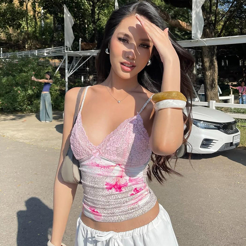 Damen Spaghettiträger Top mit Blumenmuster und Spitze R&B