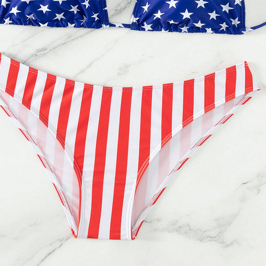 Damen Hochgeschnittener Triangel-Bikini mit patriotischem Druck R&B