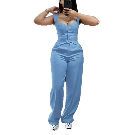 Damen Jumpsuit mit figurbetontem Oberteil und weiten Beinen R&B
