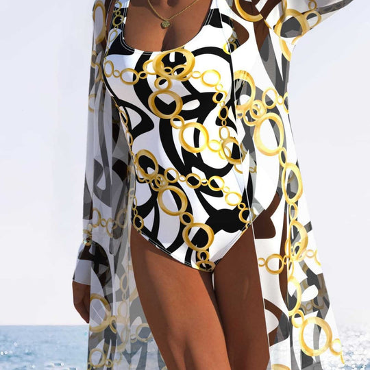 Damen eleganter Einteiler Badeanzug mit transparentem Überwurf und modernem Ringdesign R&B