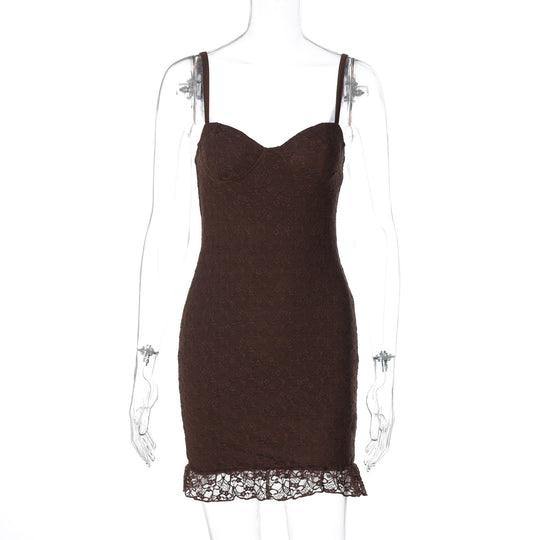 Damen figurbetontes Spitzenkleid mit verführerischem Bustier-Ausschnitt und dekorativem Saum R&B