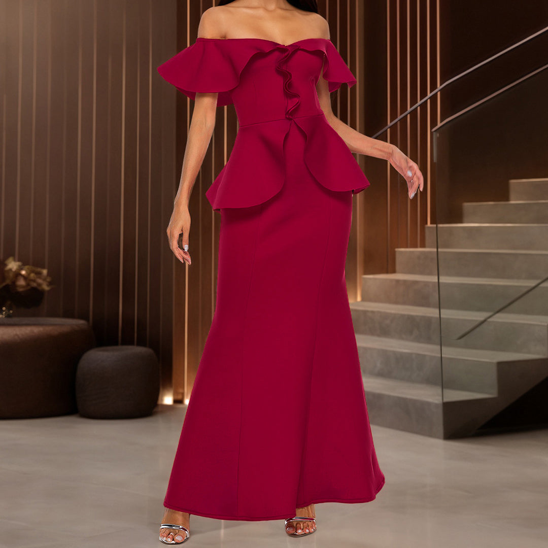 Damen elegantes Abendkleid mit schulterfreiem Design und voluminösem Saum R&B