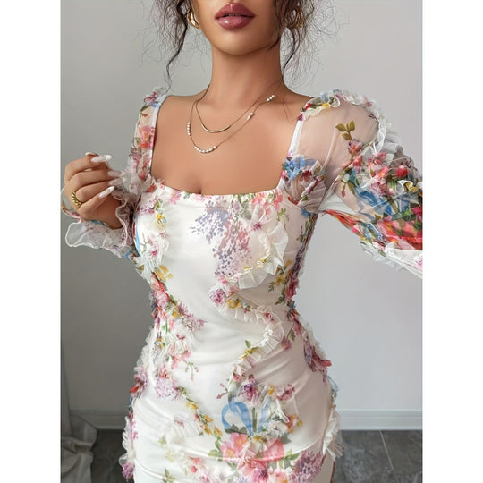 Damen Elegantes Midikleid mit floralen Spitzenärmeln und Rüschendetails R&B