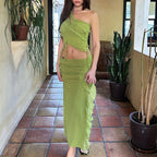 Damen hochgeschlossenes Maxikleid mit asymmetrischem Rüschendesign und eleganter Drapierung R&B