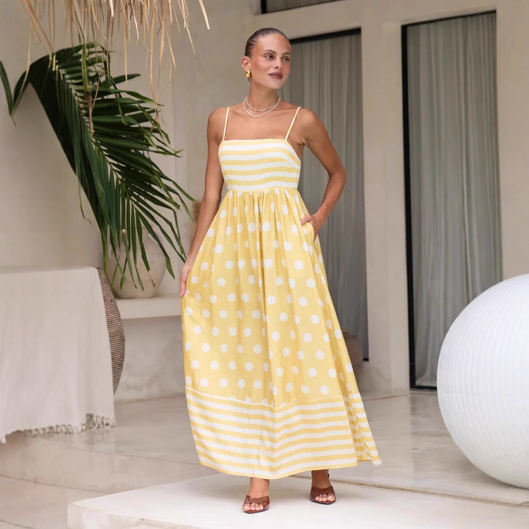 Damen Maxikleid mit gerafftem Oberteil und verspieltem Punkt- und Streifenmuster R&B
