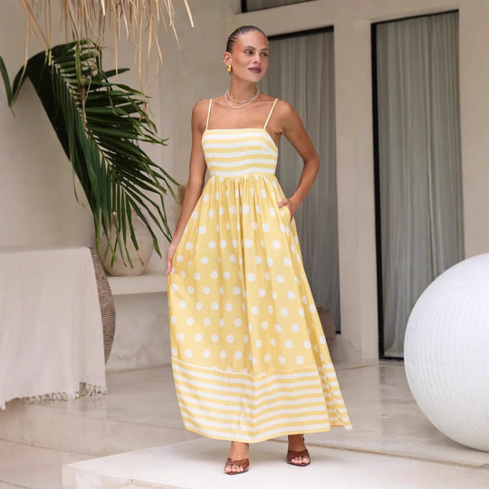 Damen Maxikleid mit gerafftem Oberteil und verspieltem Punkt- und Streifenmuster R&B