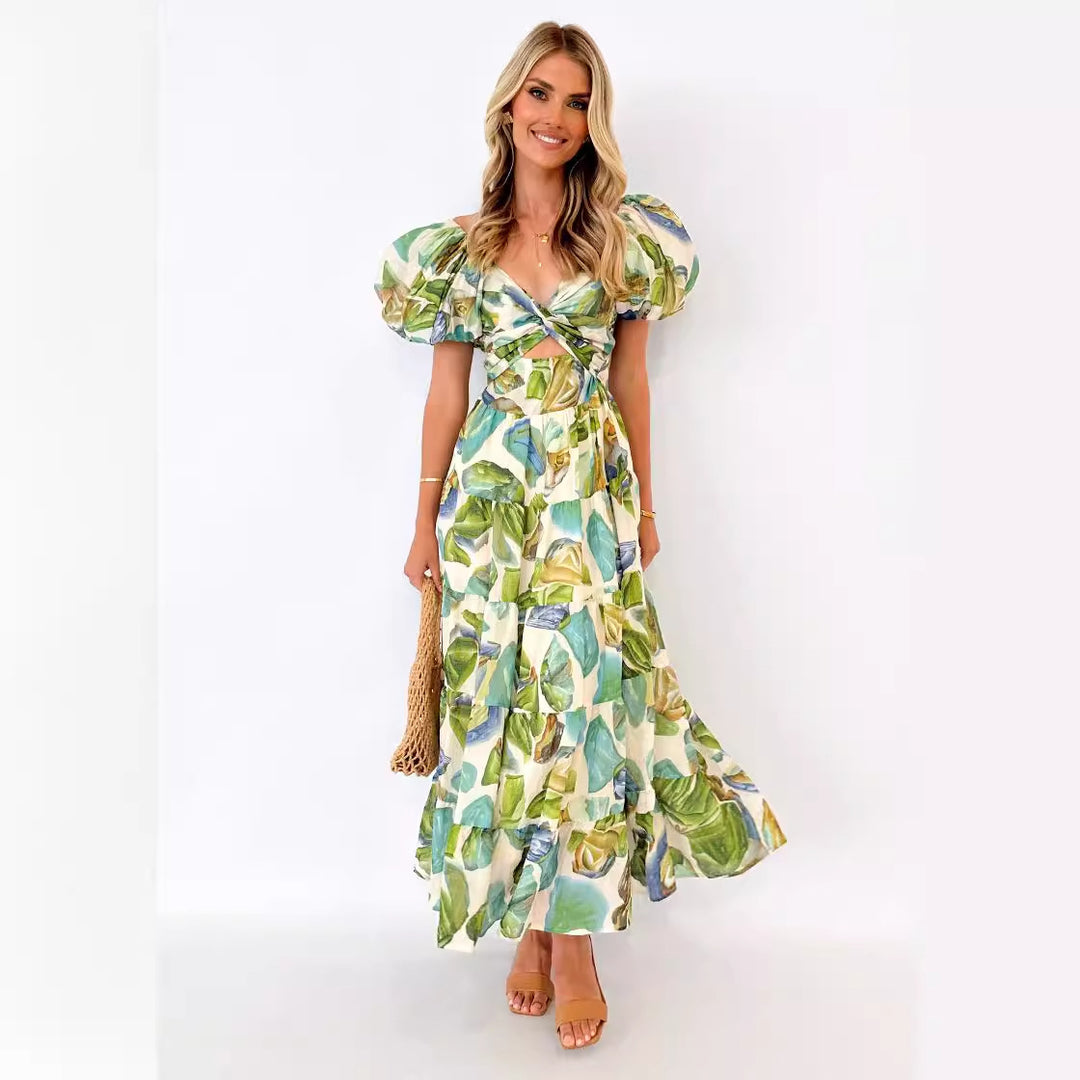 Damen Maxikleid mit voluminösen Puffärmeln und floralem Muster R&B