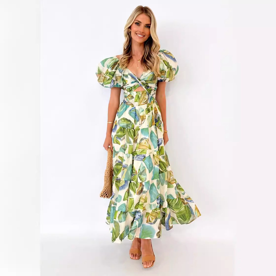 Damen Maxikleid mit voluminösen Puffärmeln und floralem Muster