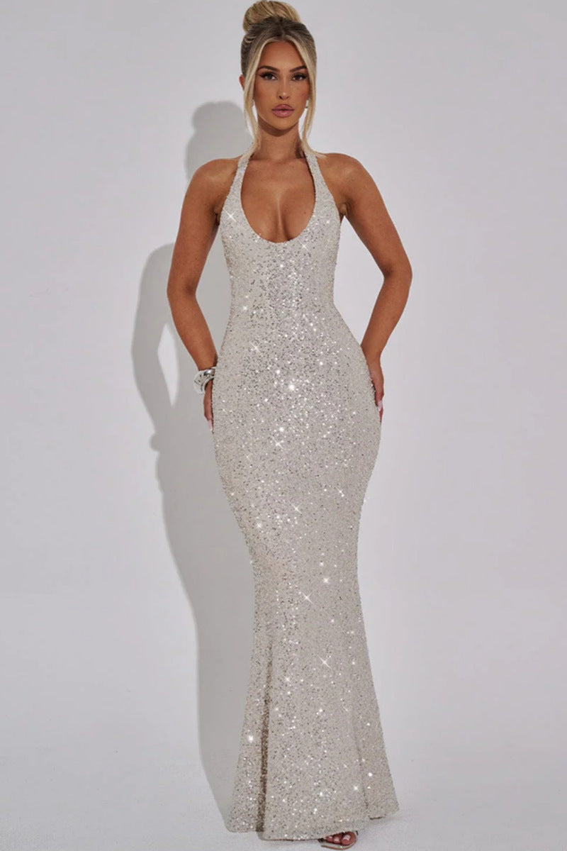 Damen Glamouröses Pailletten Kleid mit tiefem V-Ausschnitt und langem Saum