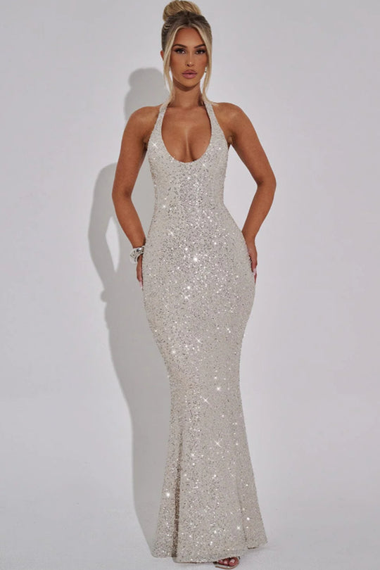 Damen Glamouröses Pailletten Kleid mit tiefem V-Ausschnitt und langem Saum R&B
