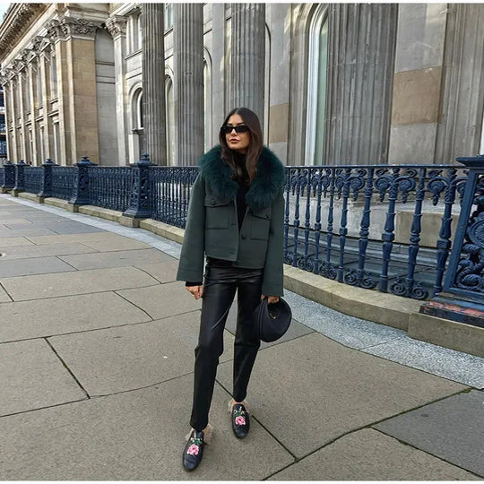 Damen Elegante Wolljacke mit luxuriösem Kunstfellkragen R&B