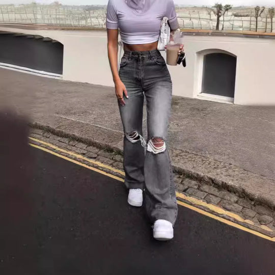 Damen Vintage Schlagjeans mit modischen Rissdetails und hohem Bund R&B