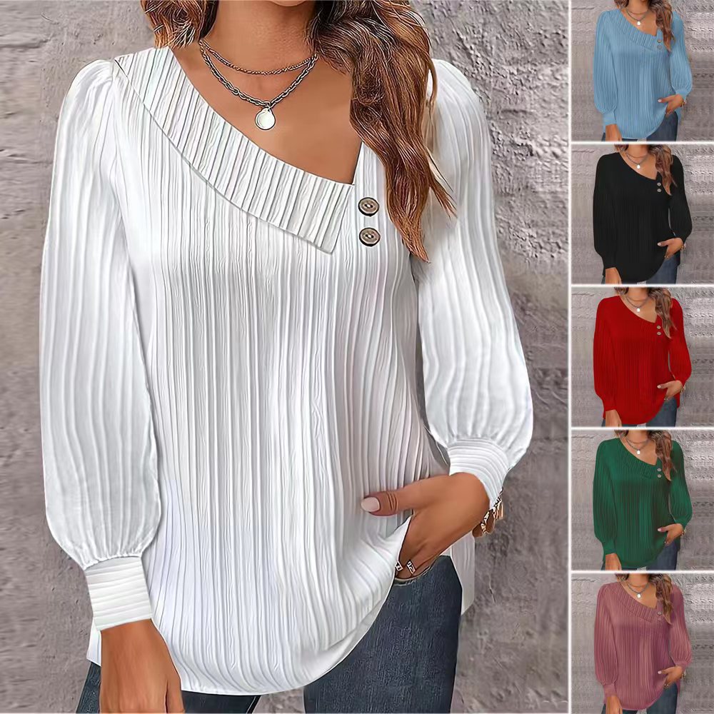 Damen Modisches Langarmshirt mit plissierter Textur und dekorativen Knöpfen R&B