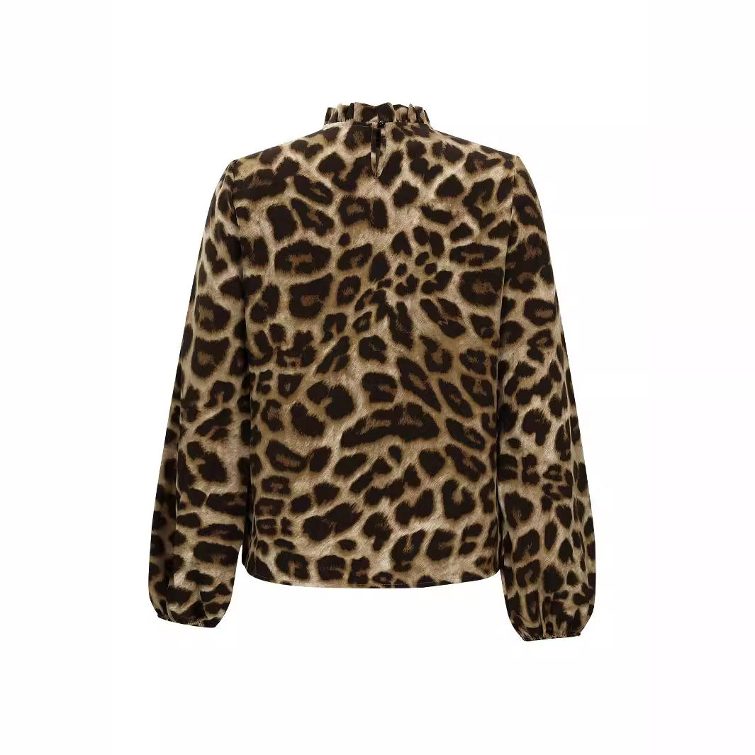 Damen Bluse mit elegantem Leopardenmuster und Rüschenkragen R&B