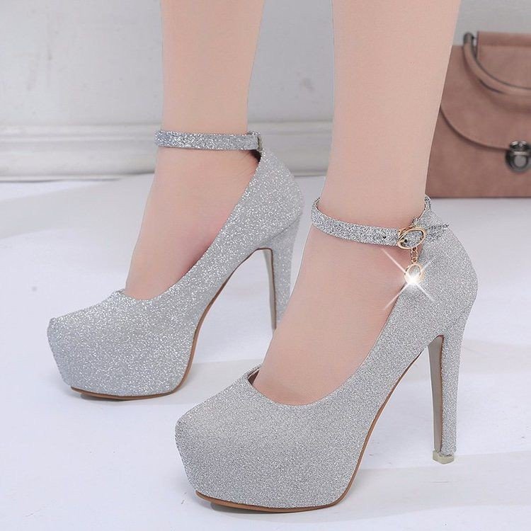 Damen Glitzernde Plateau-Pumps mit Feinem Riemchen und Elegantem Schmuckdetail R&B