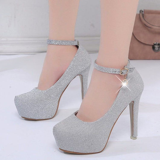 Damen Glitzernde Plateau-Pumps mit Feinem Riemchen und Elegantem Schmuckdetail R&B