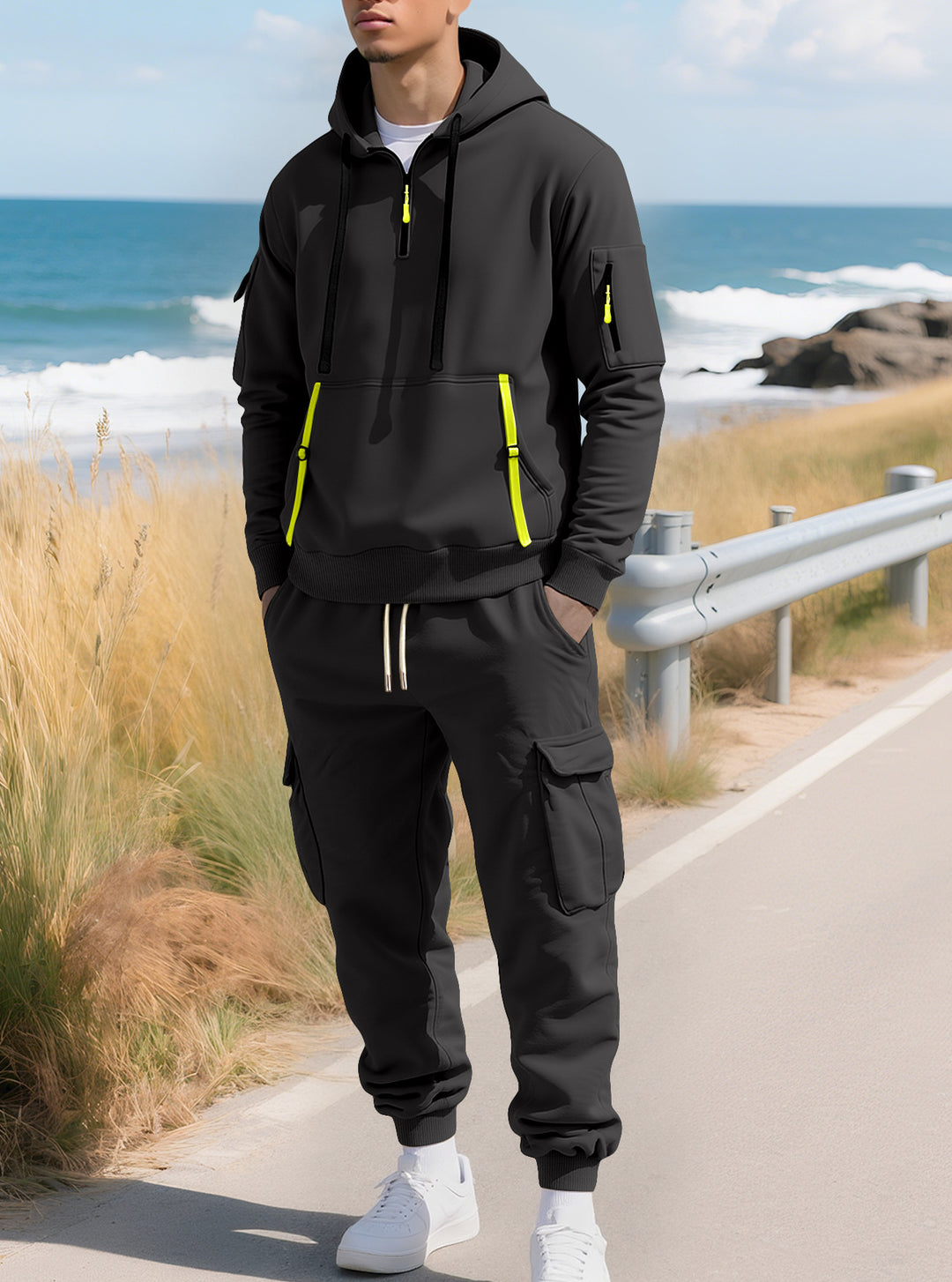 Herren nan lässiger Halbzip Hoodie mit Kängurutasche und Cargo Jogginghose mit Reißverschlussdetails R&B