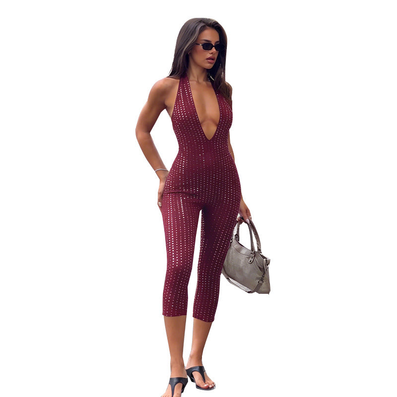Damen modischer Netz-Jumpsuit mit tiefem Ausschnitt R&B