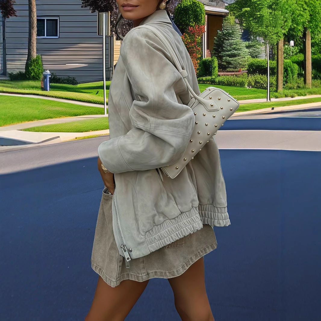 Damen lässige Kunstlederjacke im modernen Oversized-Schnitt R&B