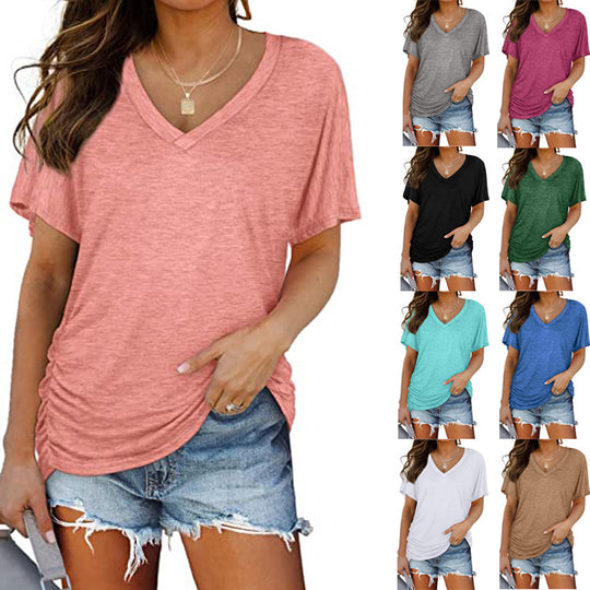 Damen V-Ausschnitt T-Shirt mit dekorativem Raffungseffekt R&B