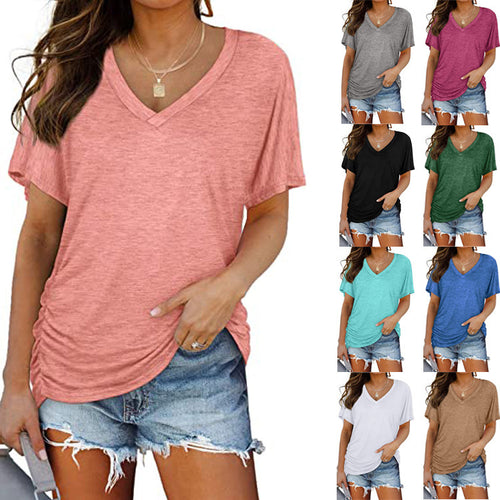 Damen V-Ausschnitt T-Shirt mit dekorativem Raffungseffekt R&B