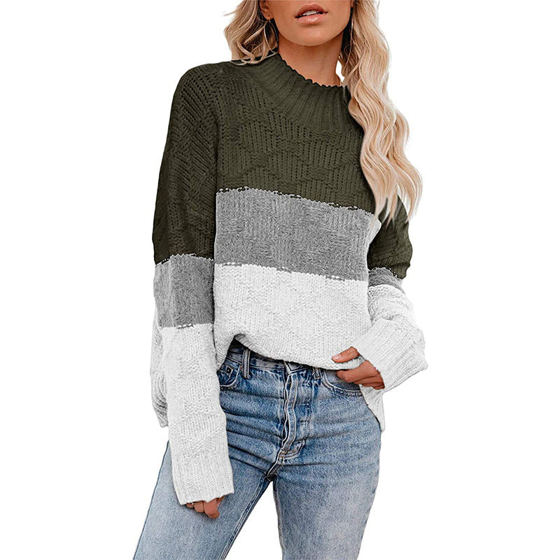 Damen farbenfroher Strickpullover mit strukturiertem Muster und hohem Kragen R&B