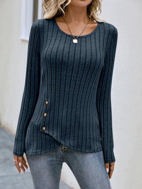 Damen lässiger asymmetrischer Pullover mit Knopfdetails R&B