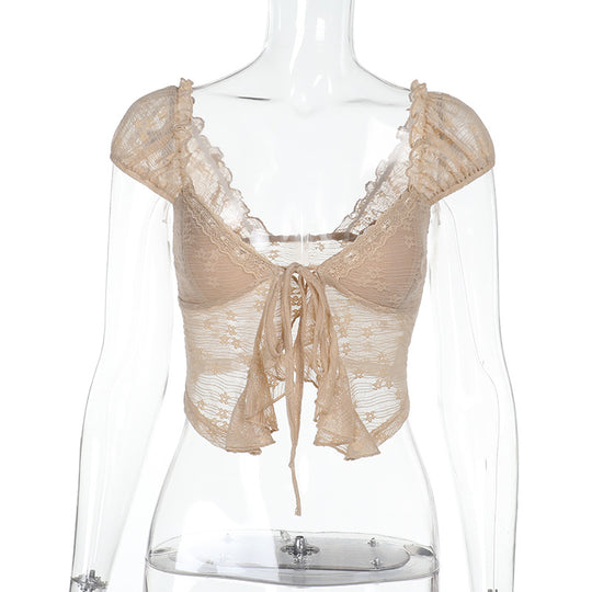 Damen Spitzen-Crop-Top mit romantischem Design und zarten Rüschendetails R&B