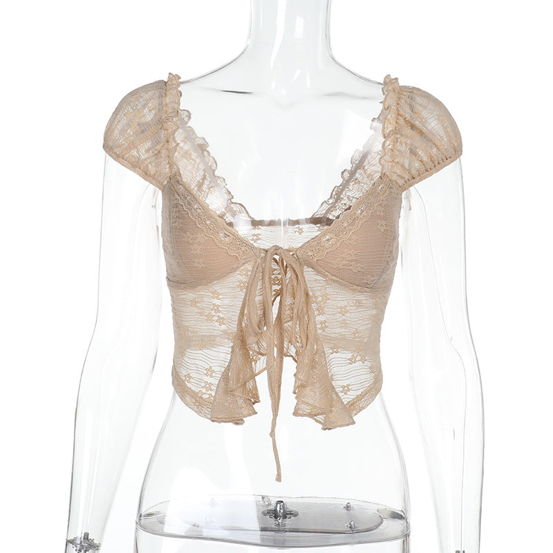 Damen Spitzen-Crop-Top mit romantischem Design und zarten Rüschendetails R&B
