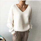 Damen lässiger Strickpullover mit V-Ausschnitt und weit geschnittenen Ärmeln R&B