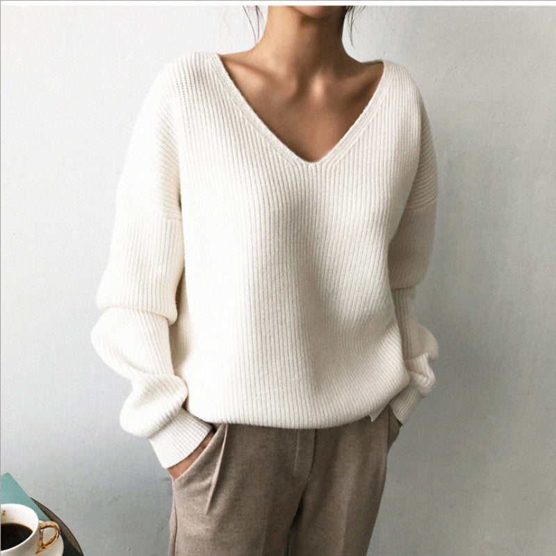 Damen lässiger Strickpullover mit V-Ausschnitt und weit geschnittenen Ärmeln R&B