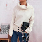 Damen Pullover mit weichem Kragen und dekorativen Knöpfen R&B