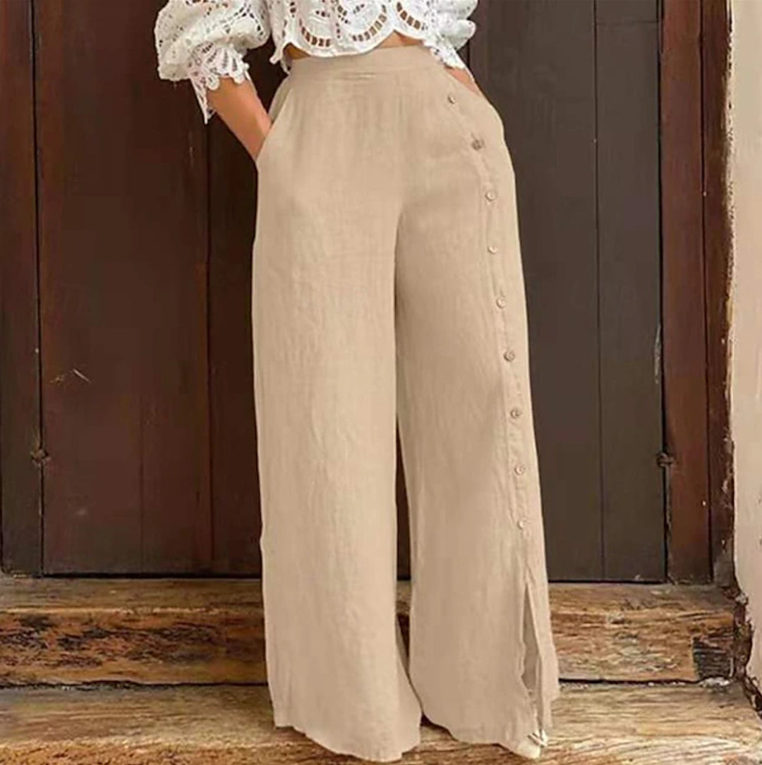 Damen nan hochgeschnittene Leinenhose mit seitlicher Zierknopfleiste, Eingrifftaschen und weitem Beinschnitt R&B