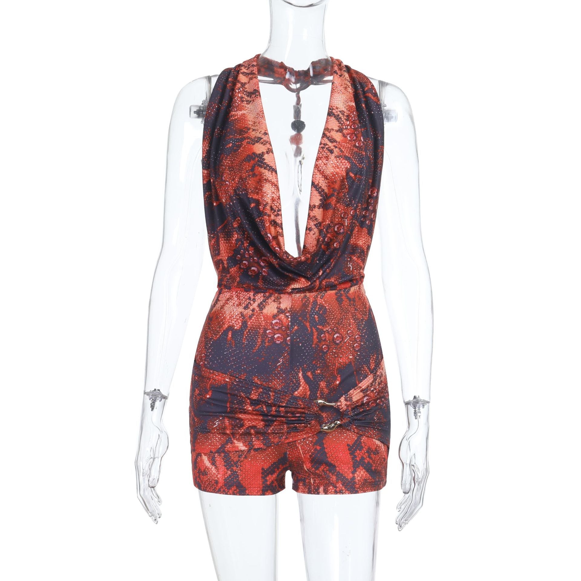 Damen eleganter Jumpsuit mit tiefem V-Ausschnitt und Raffung