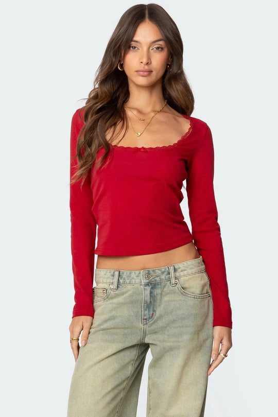 Damen Langarmshirt mit quadratischem Ausschnitt und Spitzenakzenten R&B