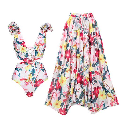 Damen eleganter Floral Badeanzug mit gewelltem Schulterdesign R&B