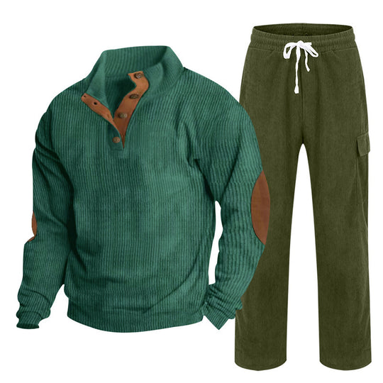 Herren nan Strick-Freizeitset mit Knopfleiste und Ellenbogenaufnähern sowie Cord-Cargohose R&B