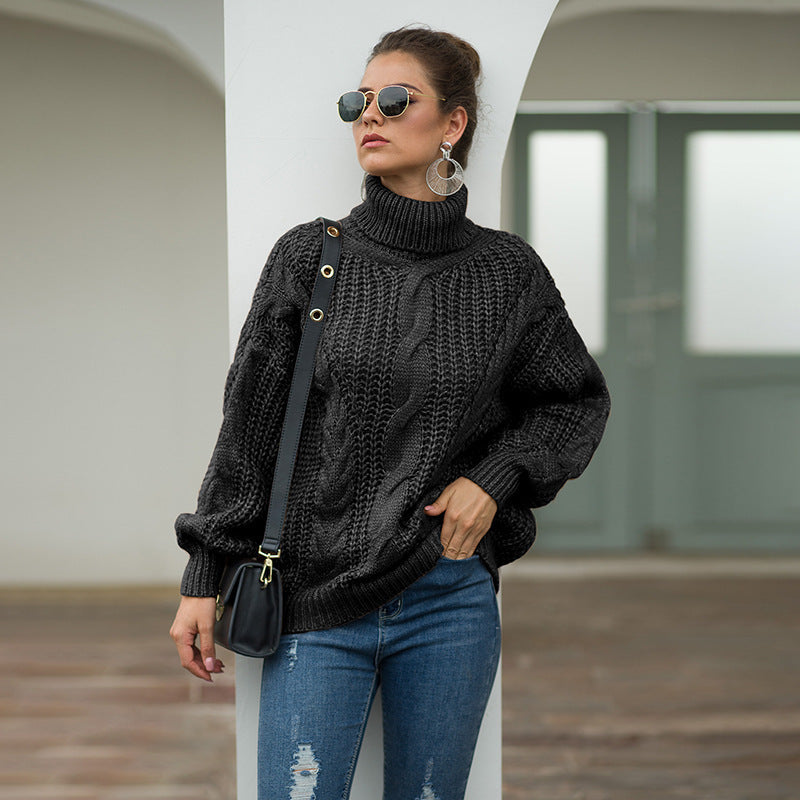 Damen Grobstrickpullover mit hohem Kragen und Zopfmuster R&B
