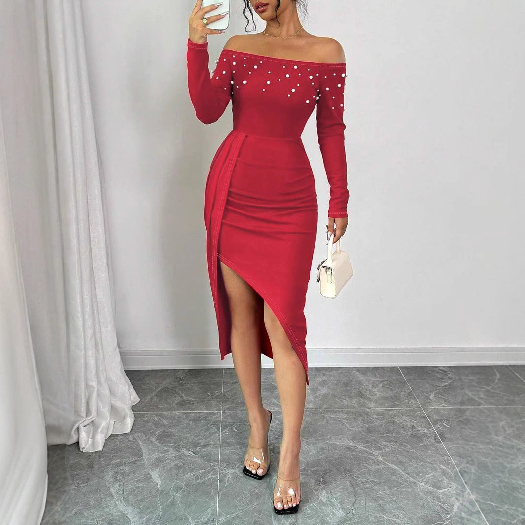 Damen Elegantes Kleid mit schulterfreier Silhouette und seidigem Schlitz R&B